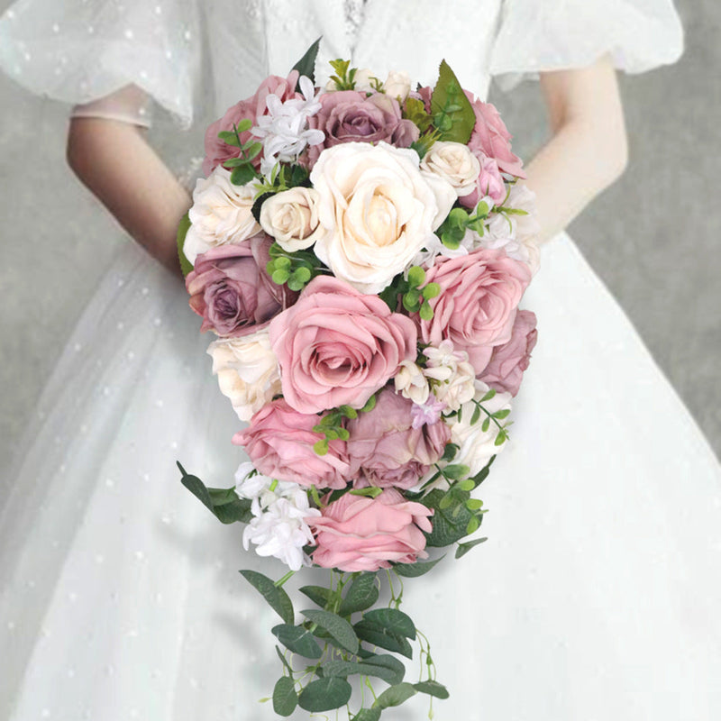9 Inch Cascading Dusty Rose Artificial Bridal Bouquet Bulk Wedding Flowers