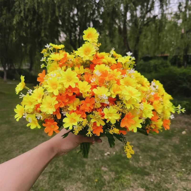 12 Inch 8 Pcs Artificial Fall Daisy Flowers Orange Yellow Silk Plants for Garden Outdoors