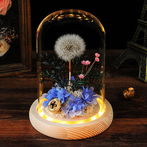 Dried Dandelion Flowers with Glass Cover and Wooden Base Night Light Ornament, Preserved Decorative Piece for Home, Holiday Gift