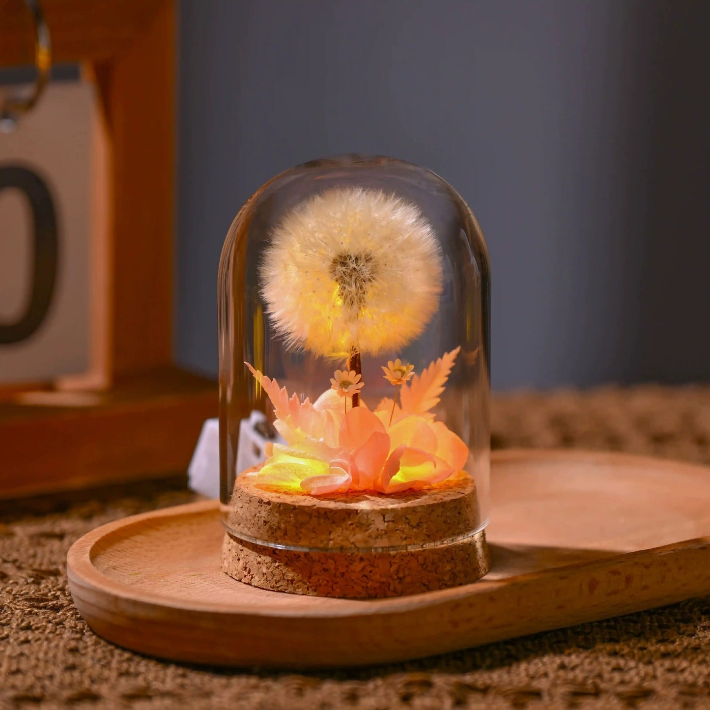 Dandelion Preserved Flower Night Light - Glass Cloche Table Decor Lamp