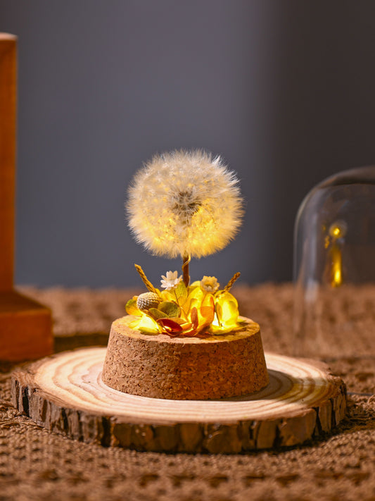 Dandelion Preserved Flower Night Light - Glass Cloche Table Decor Lamp