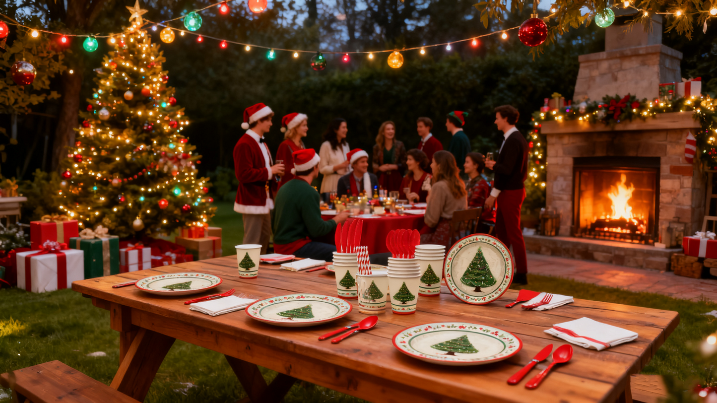 Christmas Party Supplies Set - Disposable Cups, Plates, Napkins for Holiday Party Decor & Dining