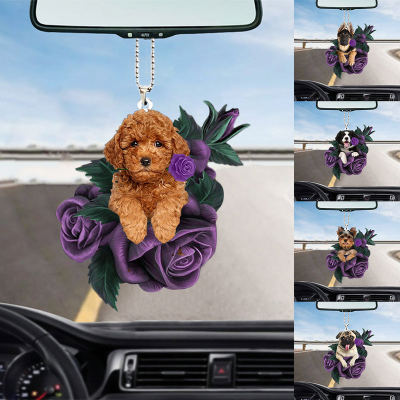 Artificial Purple Rose Dog Car Mirror Hanging Decoration Interior Accessory