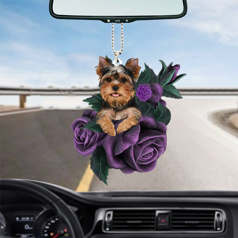 Artificial Purple Rose Dog Car Mirror Hanging Decoration Interior Accessory
