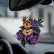 Artificial Purple Rose Dog Car Mirror Hanging Decoration Interior Accessory