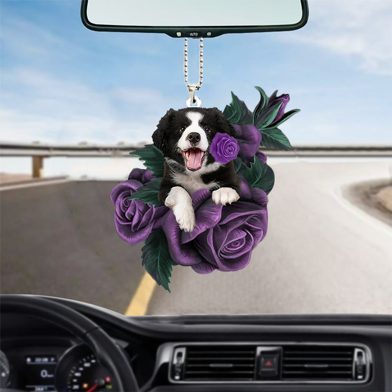 Artificial Purple Rose Dog Car Mirror Hanging Decoration Interior Accessory