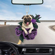 Artificial Purple Rose Dog Car Mirror Hanging Decoration Interior Accessory