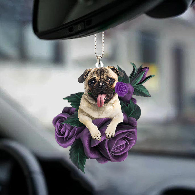 Artificial Purple Rose Dog Car Mirror Hanging Decoration Interior Accessory