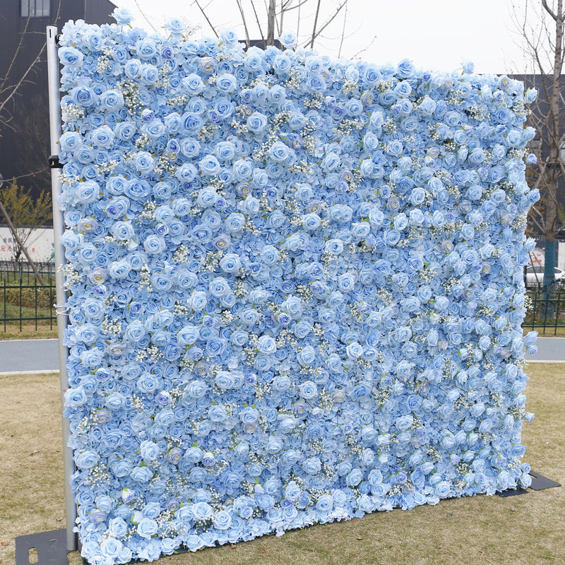 3D Blue Rose Artificial Flower Wall Mat with Baby's Breath, Fabric Backdrop, Bulk Wholesale