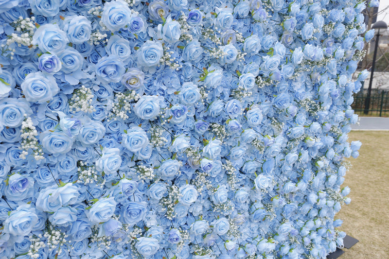 3D Blue Rose Artificial Flower Wall Mat with Baby's Breath, Fabric Backdrop, Bulk Wholesale