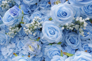 3D Blue Rose Artificial Flower Wall Mat with Baby's Breath, Fabric Backdrop, Bulk Wholesale