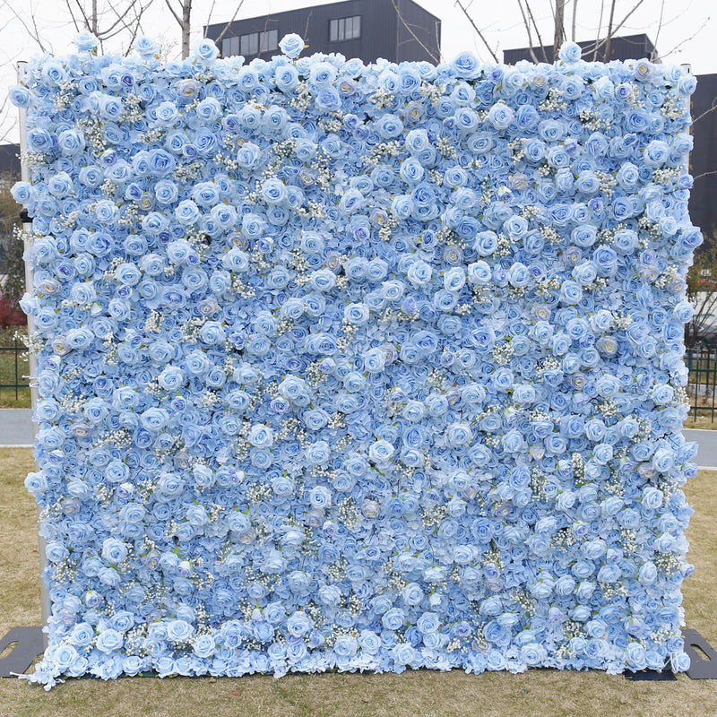 3D Blue Rose Artificial Flower Wall Mat with Baby's Breath, Fabric Backdrop, Bulk Wholesale