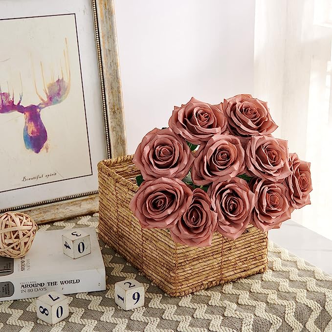 10 Pcs Artificial Silk Rose Stems, 12 Inch, Red, Wholesale Bouquet Flowers
