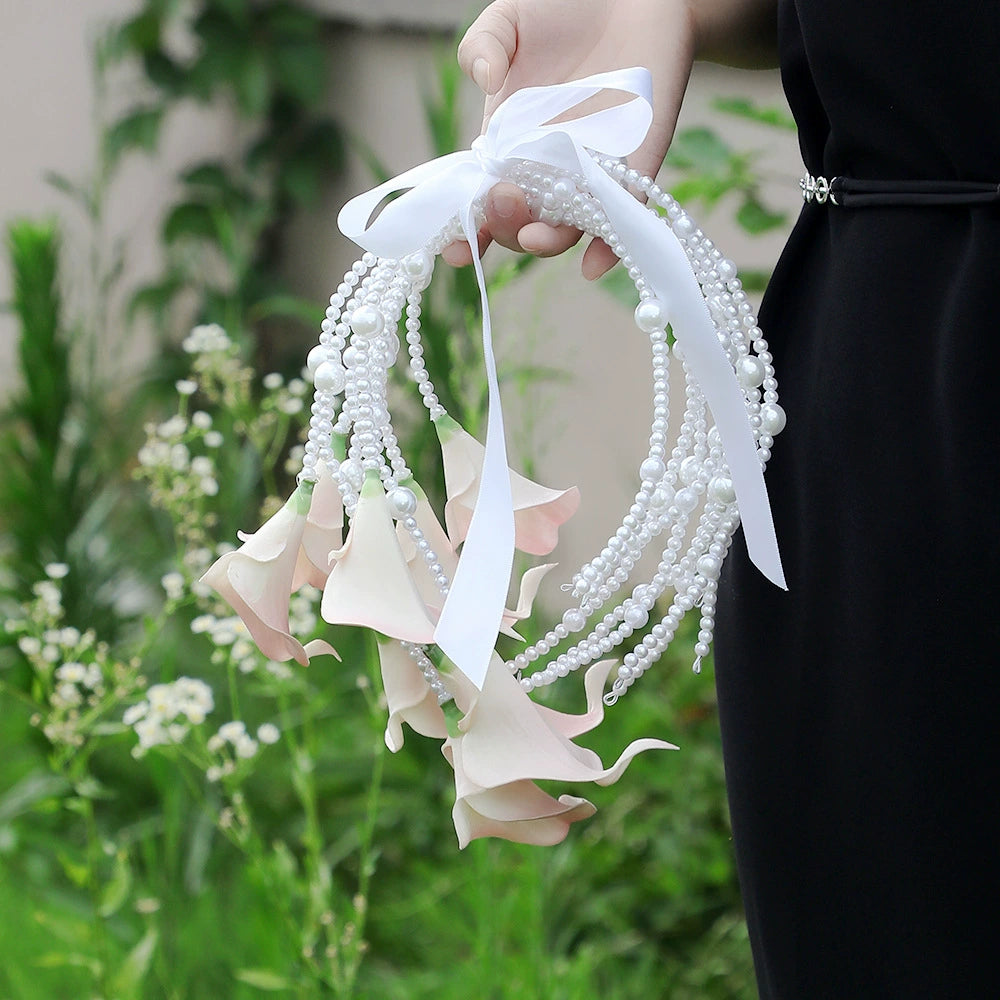 European Style Calla Lily Pearl Chain Waterfall Bridal Bouquet - Elegant Wedding Handheld Bouquet