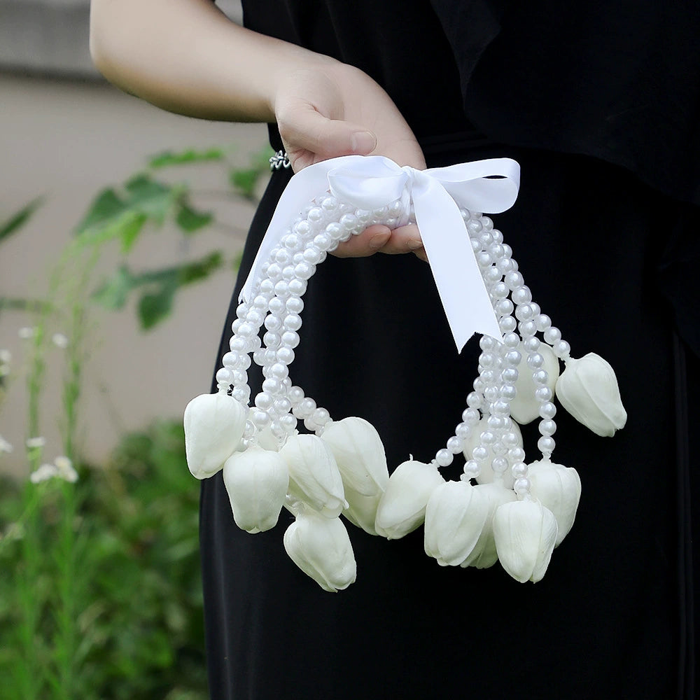 European Style Calla Lily Pearl Chain Waterfall Bridal Bouquet - Elegant Wedding Handheld Bouquet