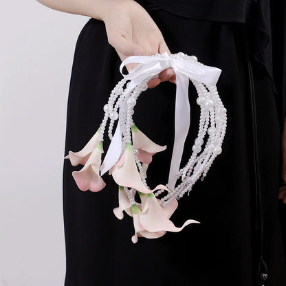 European Style Calla Lily Pearl Chain Waterfall Bridal Bouquet - Elegant Wedding Handheld Bouquet
