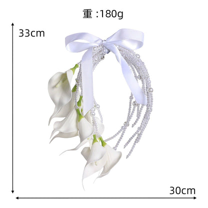 European Style Calla Lily Pearl Chain Waterfall Bridal Bouquet - Elegant Wedding Handheld Bouquet