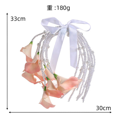 European Style Calla Lily Pearl Chain Waterfall Bridal Bouquet - Elegant Wedding Handheld Bouquet