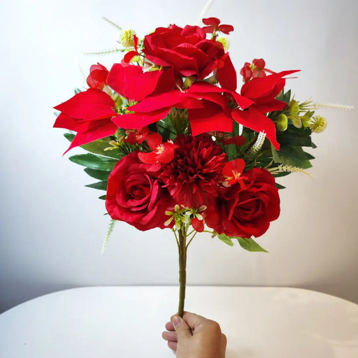 19 Inch Artificial Velvet Silk Christmas Poinsettia Bush Bouquet, Bulk Quantity