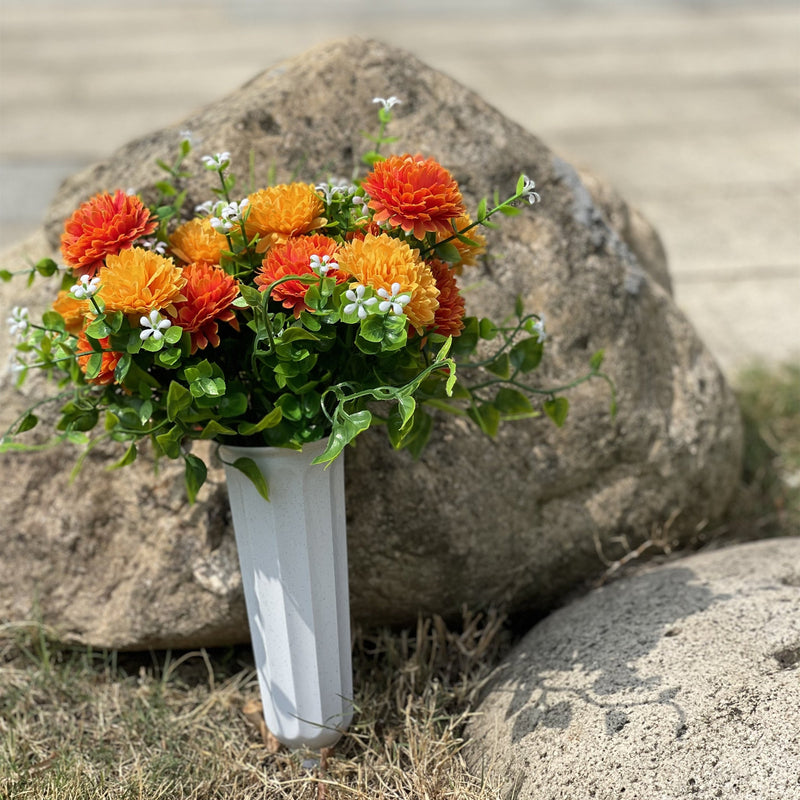 Artificial Fall Orange Mum Flowers in Vase, 12 Inch, Bulk Cemetery Floral Arrangements for Graves and Memorials