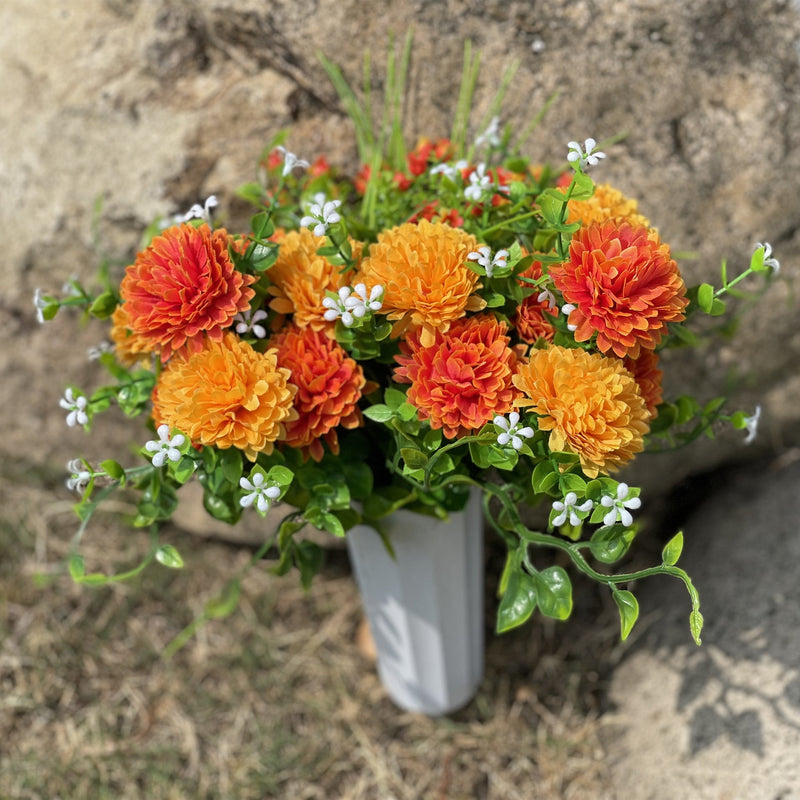 Artificial Fall Orange Mum Flowers in Vase, 12 Inch, Bulk Cemetery Floral Arrangements for Graves and Memorials