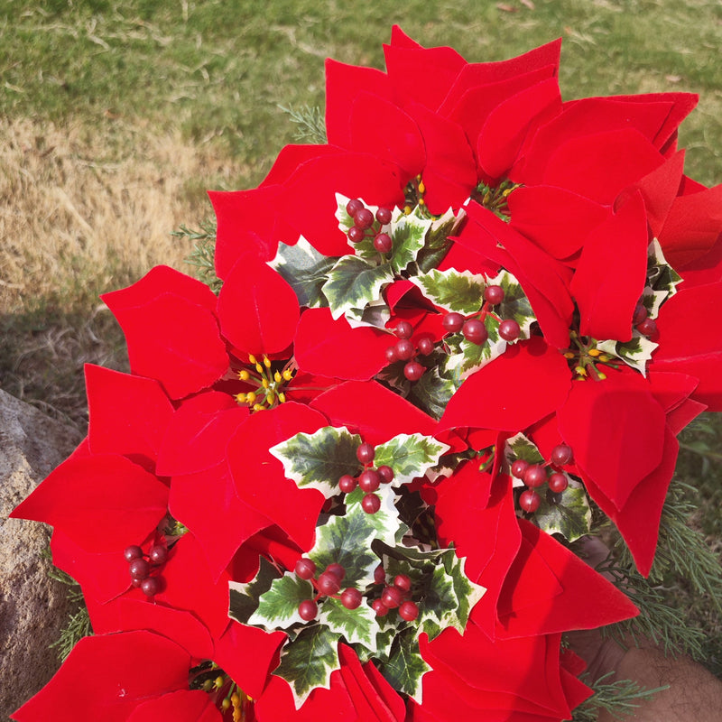 Artificial Christmas Cemetery Saddles 10 Pcs Red Poinsettia Outdoor Memorial Headstone Flowers Realistic Bouquet Arrangement