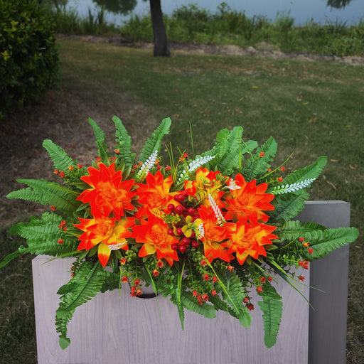 Fall Orange Dahlia Artificial Flower Saddle for Cemetery Headstone - Durable Silk Flowers