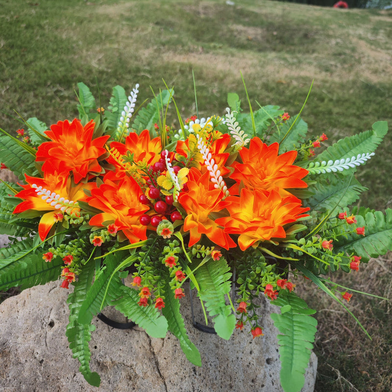 Fall Orange Dahlia Artificial Flower Saddle for Cemetery Headstone - Durable Silk Flowers