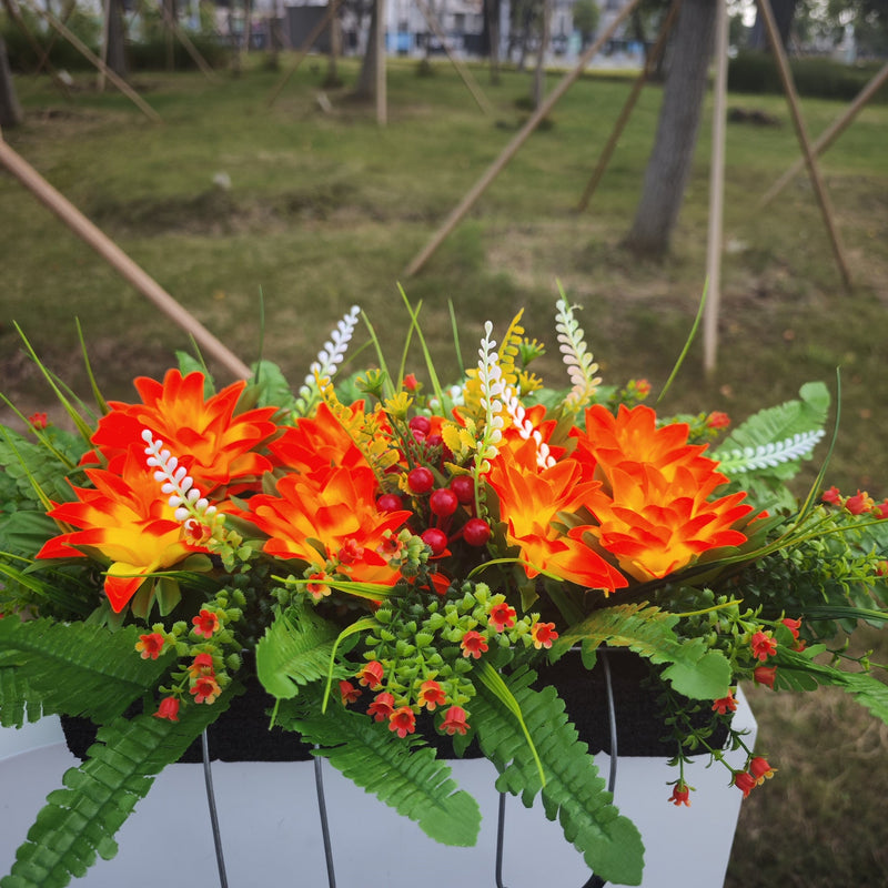 Fall Orange Dahlia Artificial Flower Saddle for Cemetery Headstone - Durable Silk Flowers