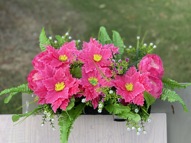 Fuchsia Artificial Peony with Maple Leaves Cemetery Flower Saddle for Headstone Memorial