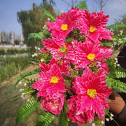 Fuchsia Artificial Peony with Maple Leaves Cemetery Flower Saddle for Headstone Memorial