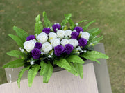 White and Purple Artificial Rose Cemetery Flower Saddle, Bulk Wholesale, Durable Silk Floral Arrangement