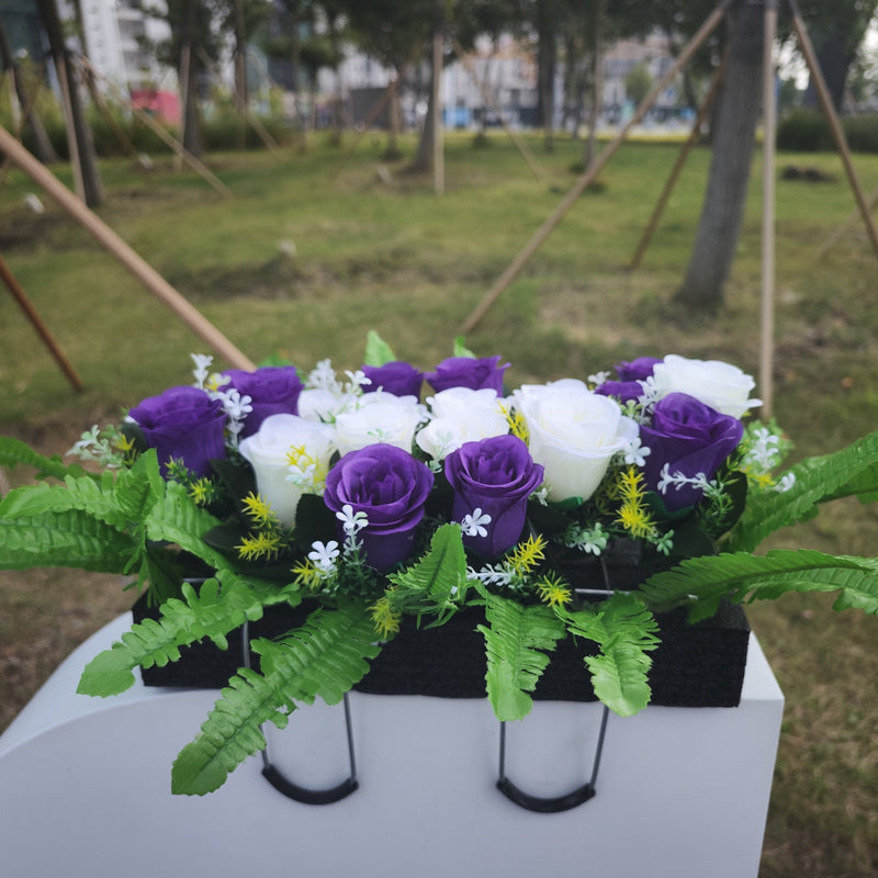 White and Purple Artificial Rose Cemetery Flower Saddle, Bulk Wholesale, Durable Silk Floral Arrangement