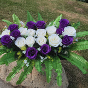 White and Purple Artificial Rose Cemetery Flower Saddle, Bulk Wholesale, Durable Silk Floral Arrangement