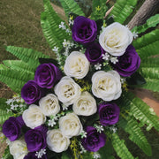 White and Purple Artificial Rose Cemetery Flower Saddle, Bulk Wholesale, Durable Silk Floral Arrangement