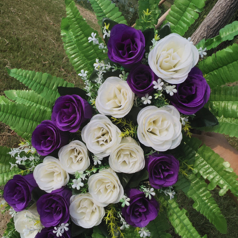 White and Purple Artificial Rose Cemetery Flower Saddle, Bulk Wholesale, Durable Silk Floral Arrangement