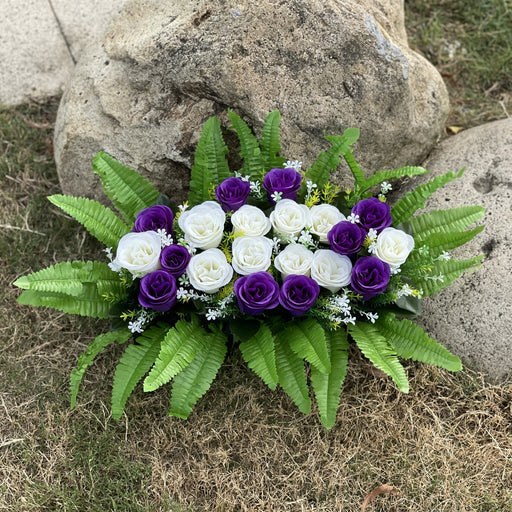 White and Purple Artificial Rose Cemetery Flower Saddle, Bulk Wholesale, Durable Silk Floral Arrangement