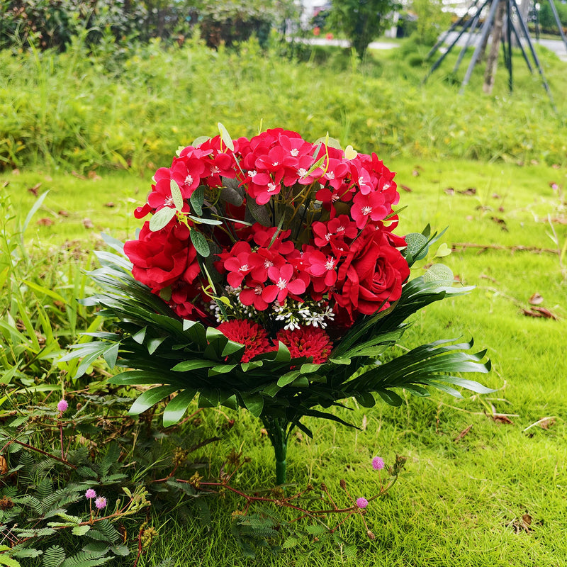 21 Inch Extra Large Red Artificial Flower Bush, 48 Stems for Outdoor Cemetery Decor