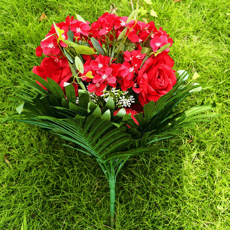 21 Inch Extra Large Red Artificial Flower Bush, 48 Stems for Outdoor Cemetery Decor