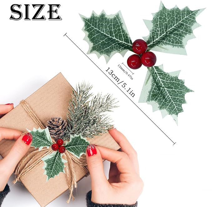 50 Pcs Artificial Christmas Holly Berries with Greenery Leaves Bulk Pack for Decoration