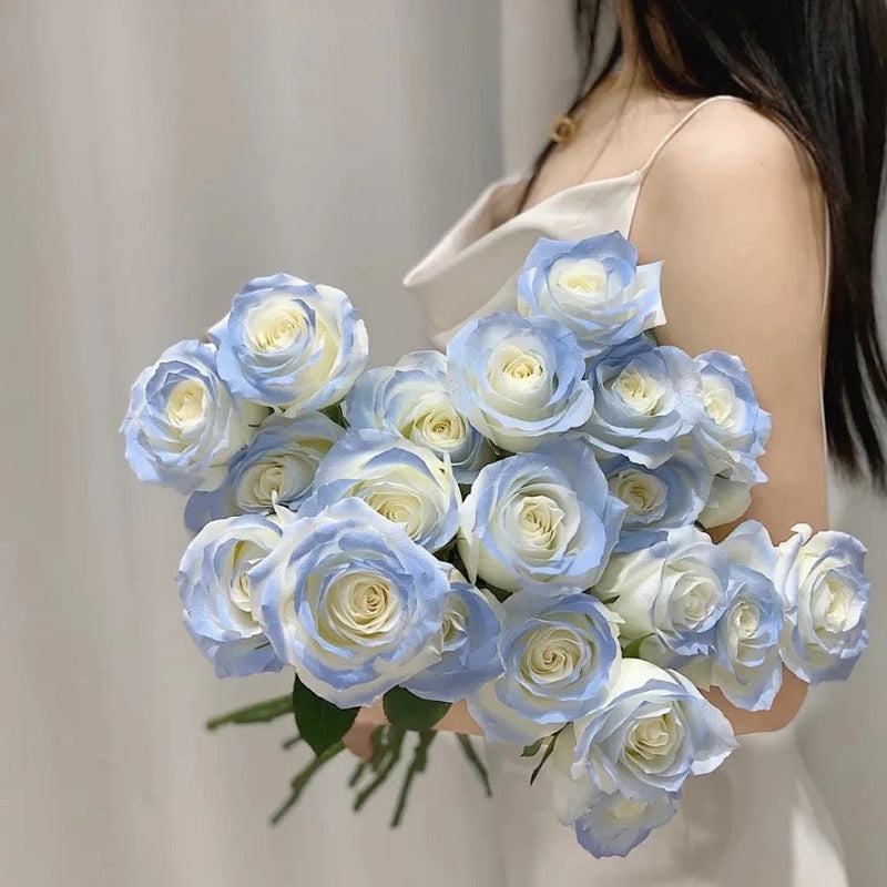 18 Inch Gradient Blue Artificial Silk Rose Stems, 10 Pcs Bulk Wholesale