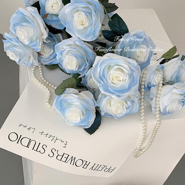 18 Inch Gradient Blue Artificial Silk Rose Stems, 10 Pcs Bulk Wholesale