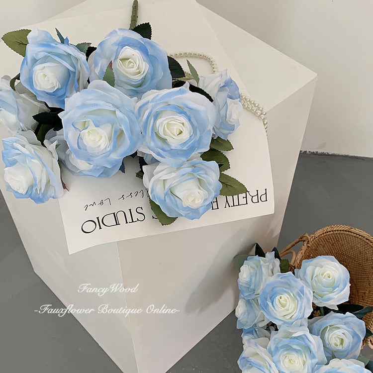 18 Inch Gradient Blue Artificial Silk Rose Stems, 10 Pcs Bulk Wholesale