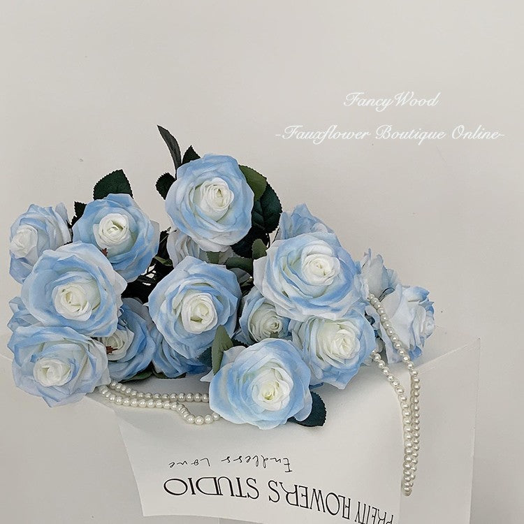 18 Inch Gradient Blue Artificial Silk Rose Stems, 10 Pcs Bulk Wholesale