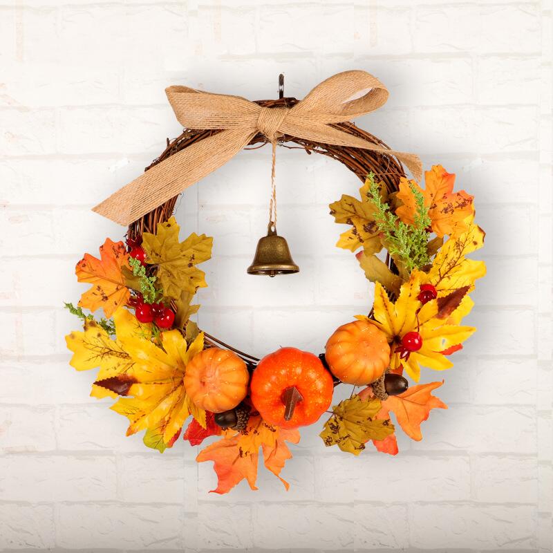 16 Inch Fall Floral Wreath with Maple Leaves and Pumpkin Bells, Artificial Seasonal Decoration
