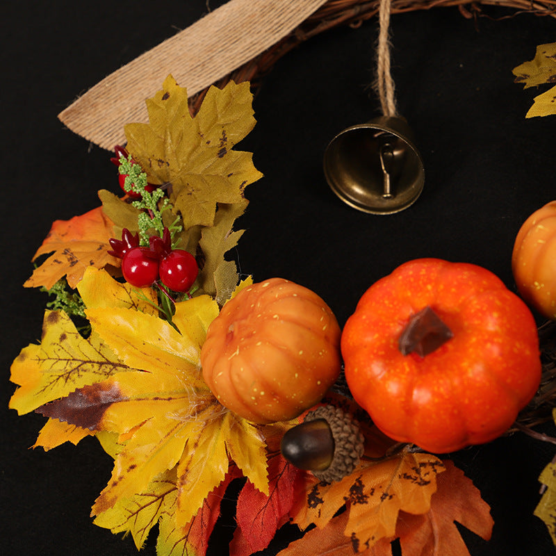 16 Inch Fall Floral Wreath with Maple Leaves and Pumpkin Bells, Artificial Seasonal Decoration