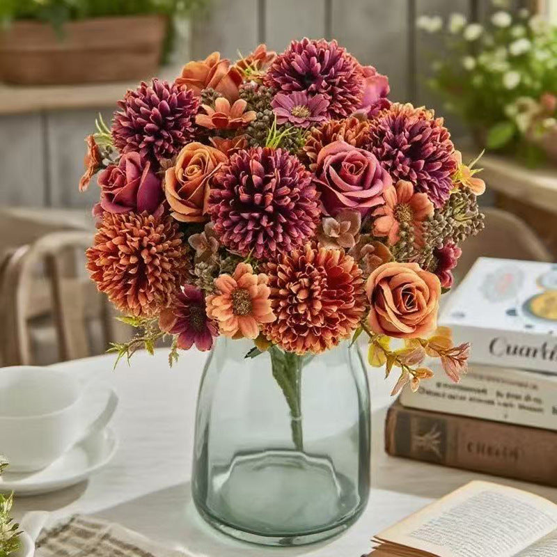 12 Inch Artificial Silk Fall Flowers Bouquet, 10 Stems Mixed Chrysanthemum Rose Daisy Mums Faux Floral Arrangement