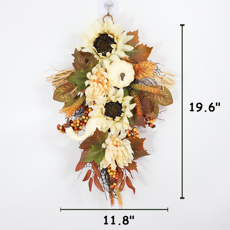 Artificial Fall Harvest Teardrop Swag 24 Inch Thanksgiving Wreath with Sunflower and Berry for Front Door Wall Autumn Outdoor Decor Bulk