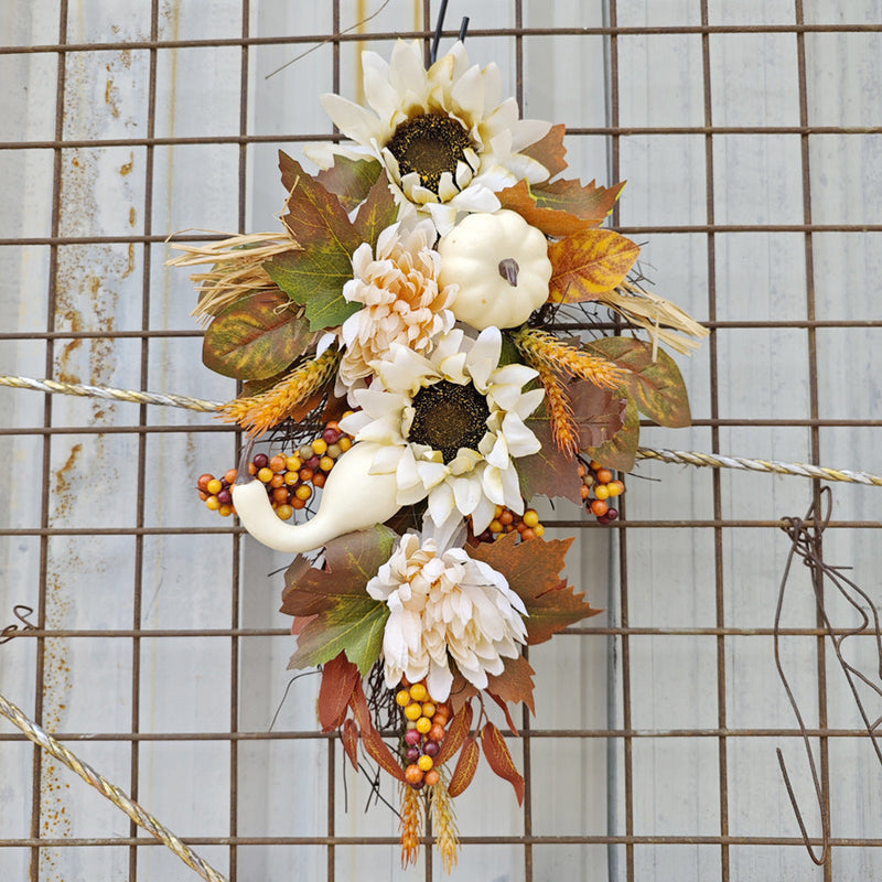 Artificial Fall Harvest Teardrop Swag 24 Inch Thanksgiving Wreath with Sunflower and Berry for Front Door Wall Autumn Outdoor Decor Bulk
