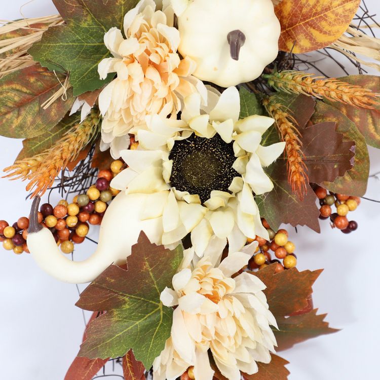 Artificial Fall Harvest Teardrop Swag 24 Inch Thanksgiving Wreath with Sunflower and Berry for Front Door Wall Autumn Outdoor Decor Bulk